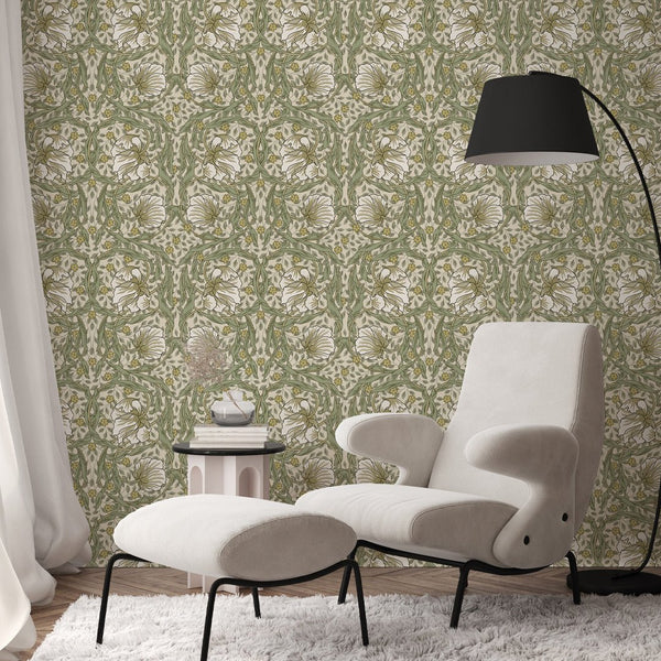 White & Green Pimpernel by Morris Wallpaper W083 - CostaCover - Peel and stick Removable Wallpaper - abstract floral - abstract wall art - abstract wallpaper