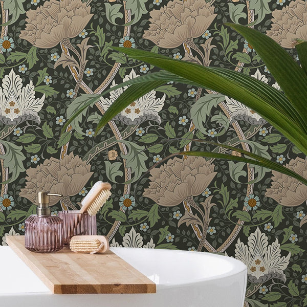 Oversized floral design with intricate linework in beige and pale sage against a near-black green background. This removable peel and stick wallpaper is an excellent choice for those seeking a bold accent wall with traditional elegance in dining rooms or entrance halls.