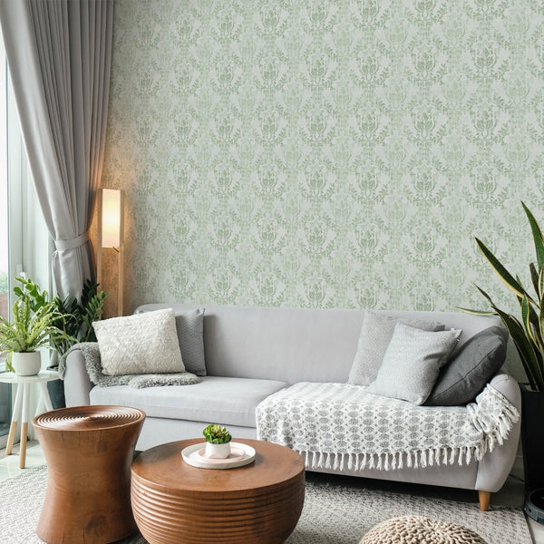 Elegant damask wallpaper with rococo motifs, perfect for creating a formal yet inviting entryway.