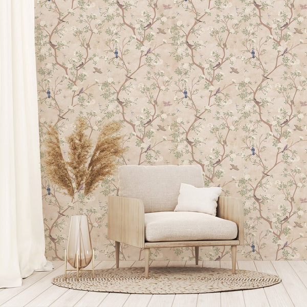 Beige Blossom Trees & Birds Wallpaper W054 - CostaCover - Peel and stick Removable Wallpaper - abstract wallpaper - accent wallpaper - adhesive wallpaper