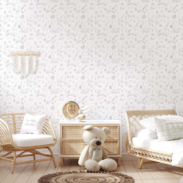 Gray Forest Animals Wallpaper S034 - CostaCover - Peel and stick Removable Wallpaper - abstract forest - abstract lines - accent wallpaper