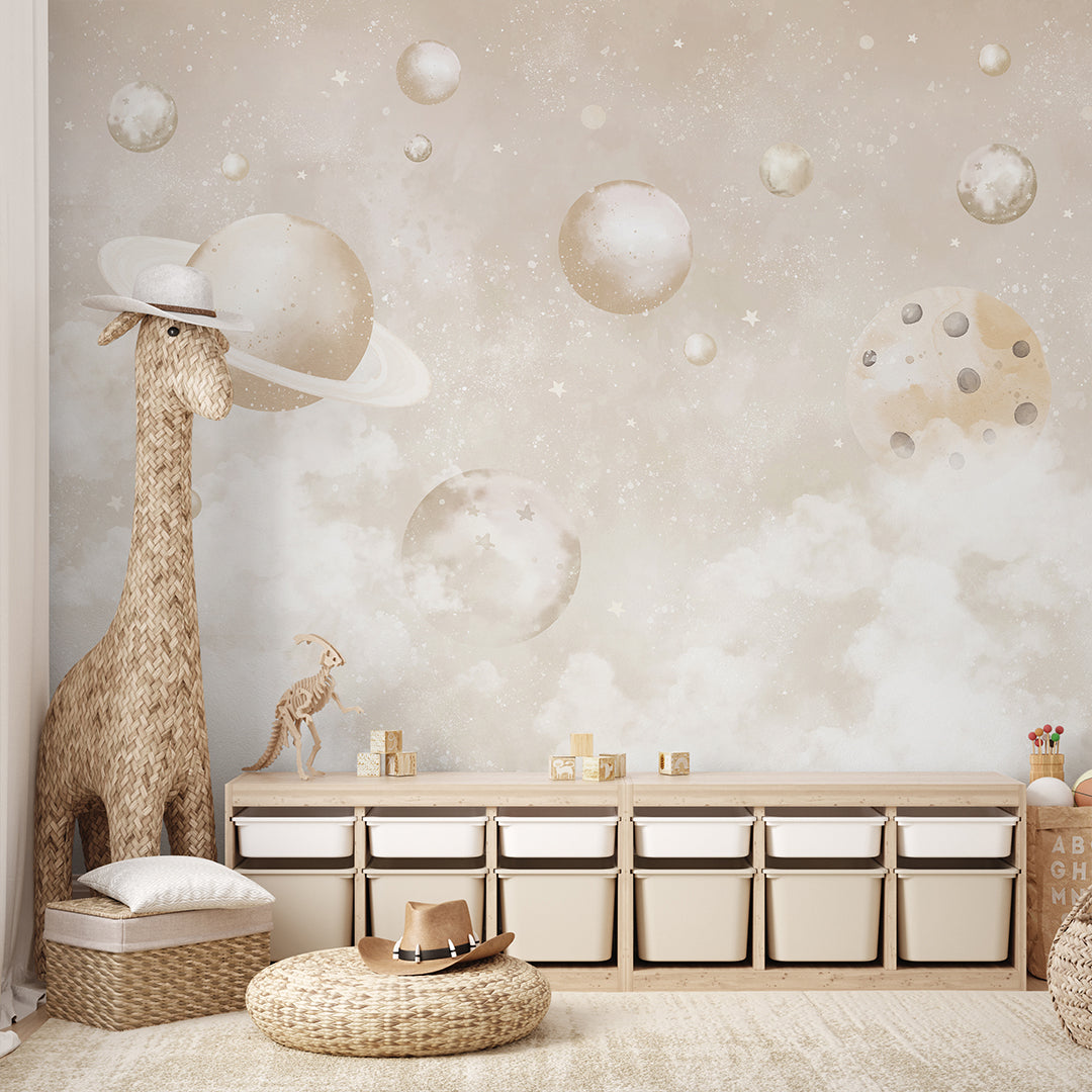 Beige Planets in Space Wall Mural SM086