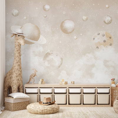 Beige Planets in Space Wall Mural SM086