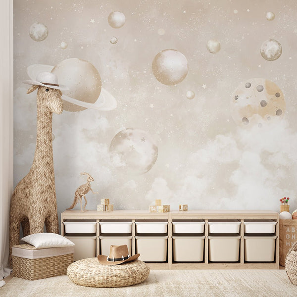 Beige Planets in Space Wall Mural SM086 - CostaCover - Peel and stick Removable Wallpaper - accent wallpaper - adhesive wallpaper - baby bedroom