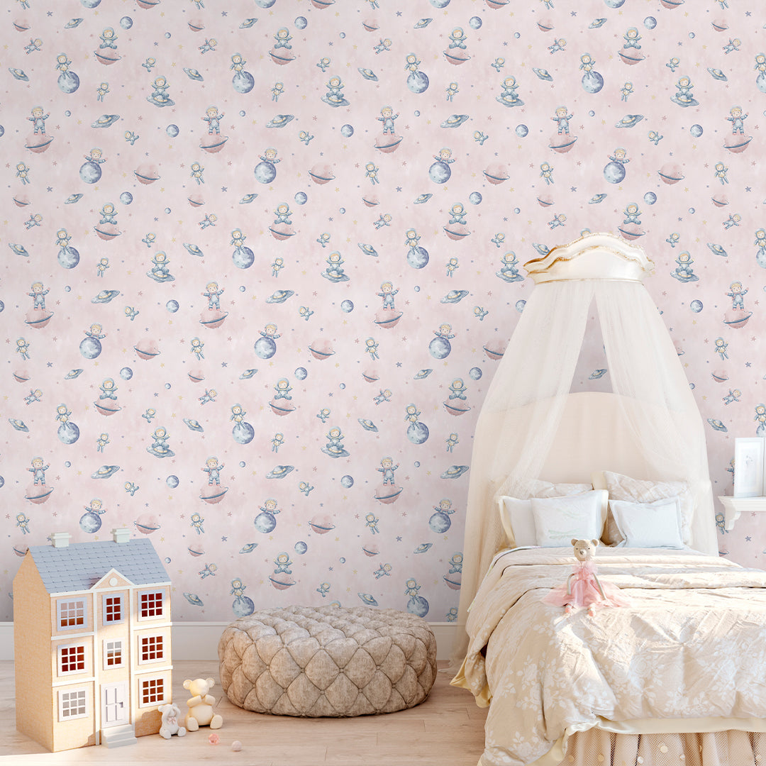 Pastel Pink Astronauts & Planets Wallpaper S132