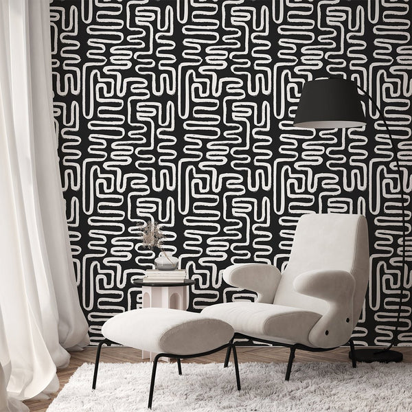 Black & White Boho Line Wallpaper W170 - CostaCover - Peel and stick Removable Wallpaper - Abstract - Abstract Labyrinth Lines - abstract lines