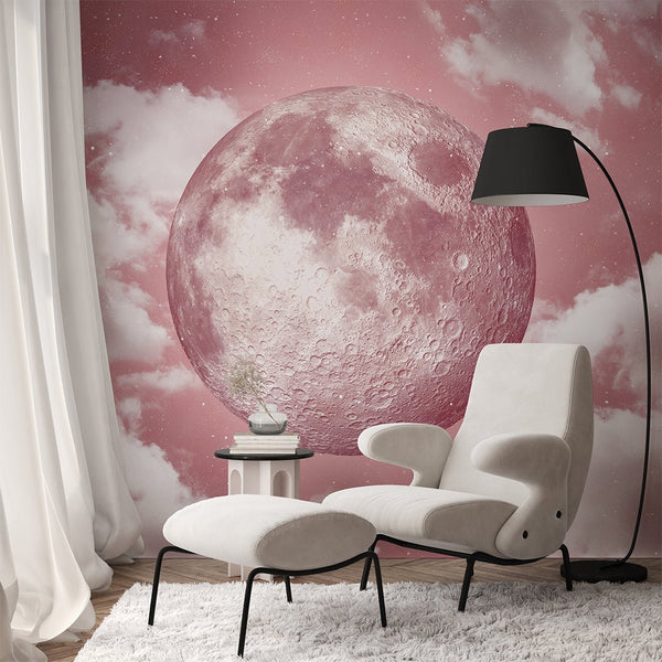 Pink Moon & Clouds Wall Mural WM078 - CostaCover - Peel and stick Removable Wallpaper - abstract wall art - abstract wallpaper - accent wallpaper