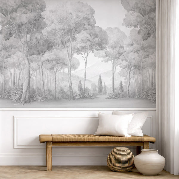 Layered gray misty forest mural with tree silhouettes, creating a serene modern accent wall. Easy to apply and remove, this self-adhesive wallpaper is perfect for renters and designers seeking a high-quality, eco-friendly option.