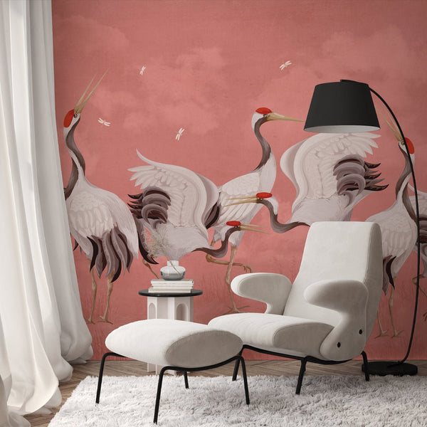 Pink Japanese Cranes Wall Mural WM108 - CostaCover - Peel and stick Removable Wallpaper - accent wallpaper - adhesive wallpaper - bathroom wallpaper