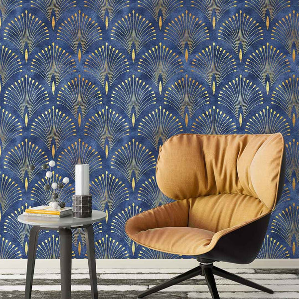 Blue Gold Art Deco Wallpaper CC286 - CostaCover - Peel and stick Removable Wallpaper - abstract wallpaper - accent wallpaper - adhesive wallpaper