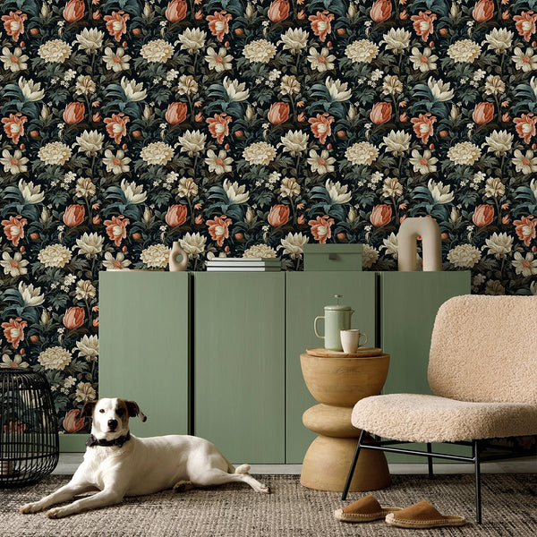 Dark Floral Botanical Wallpaper W143 - CostaCover-Peel and stick Removable Wallpaper-abstract floral-abstract wallpaper-accent wallpaper