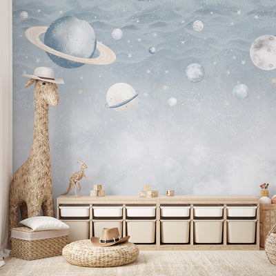 Light Blue Planets in Space Wall Mural SM087