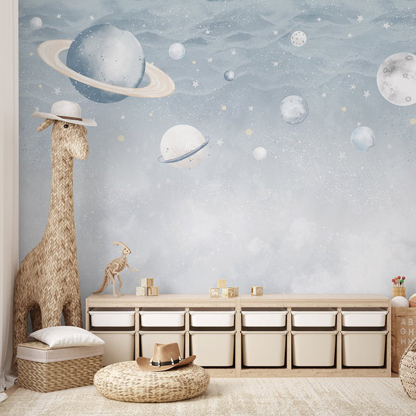 Light Blue Planets in Space Wall Mural SM087 - CostaCover - Peel and stick Removable Wallpaper - accent wallpaper - adhesive wallpaper - baby bedroom