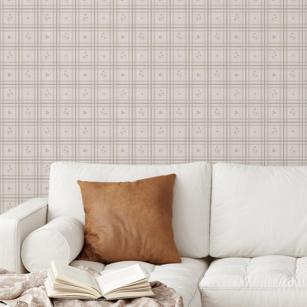 Taupe Greige Plaid Floral Wallpaper L146