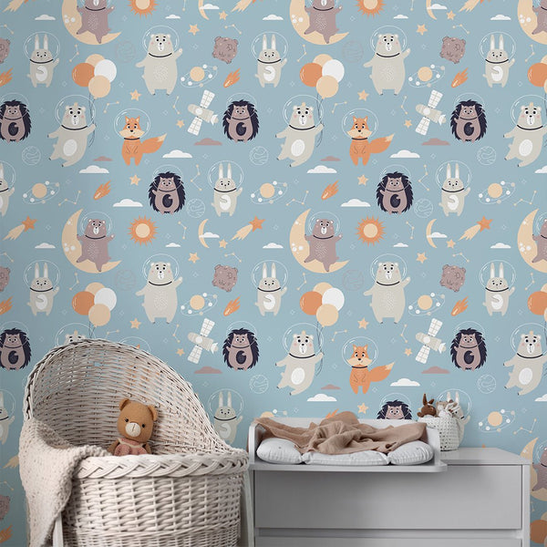 Cute Space Animals Wallpaper S127 - CostaCover-Peel and stick Removable Wallpaper-accent wallpaper-adhesive wallpaper-animal print