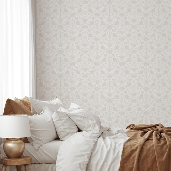 Stylized floral motifs in beige on off-white, arranged in vertical columns for a cozy cottagecore or traditional style living room.