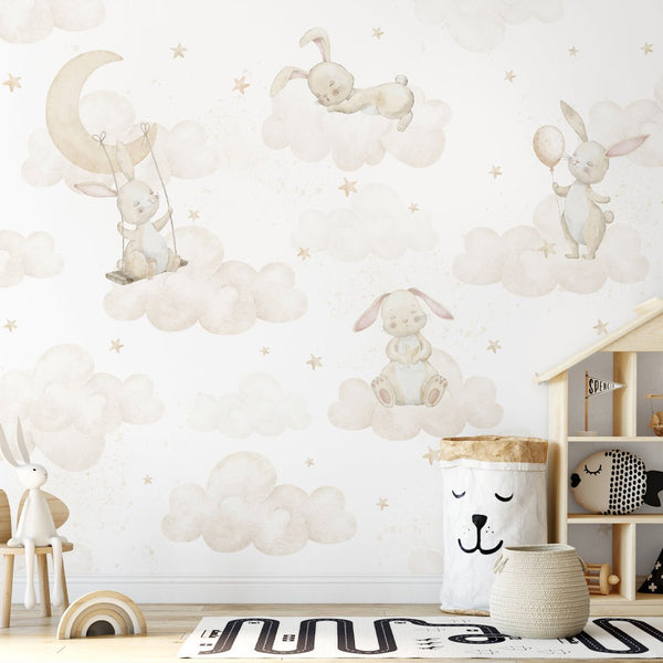 Beige Bunny on Clouds Wall Mural SM068 - CostaCover - Peel and stick Removable Wallpaper - Abstract - abstract wall art - abstract wallpaper