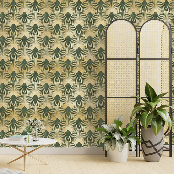 Green & Gold Effect Art Deco Wallpaper CC306 - CostaCover - Peel and stick Removable Wallpaper - Abstract - abstract wallpaper - accent wallpaper