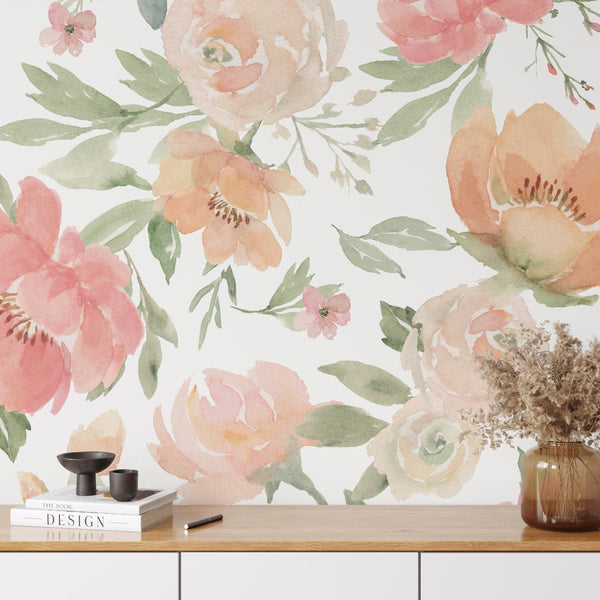 Pink Orange & Green Flowers Wall Mural WM001 - CostaCover - Peel and stick Removable Wallpaper - accent wallpaper - adhesive wallpaper - bathroom wallpaper