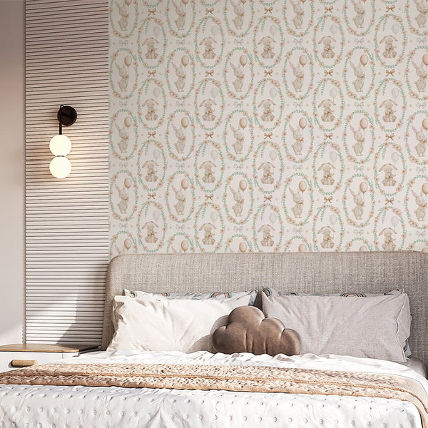 Bunny Flower Wreath Wallpaper S109 - CostaCover - Peel and stick Removable Wallpaper - accent wallpaper - adhesive wallpaper - animal print