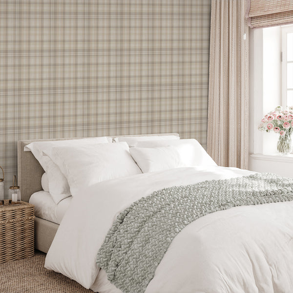 Neutral farmhouse plaid wallpaper featuring delicate gray and beige intersecting stripes, creating a cozy vintage look for living rooms and bedroom accent walls.