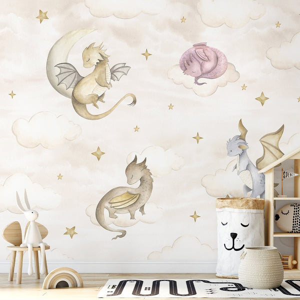 Beige Sky and Dragons Wall Mural SM033 - CostaCover - Peel and stick Removable Wallpaper - accent wallpaper - adhesive wallpaper - baby bedroom