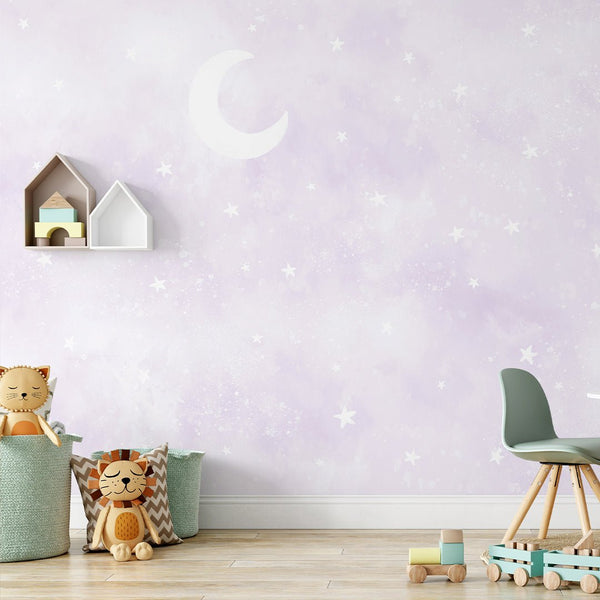 Pastel Purple Moon & Stars Wall Mural SM076 - CostaCover - Peel and stick Removable Wallpaper - Abstract - abstract wall art - abstract wallpaper