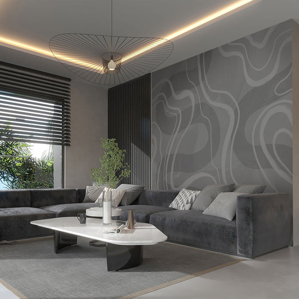 Modern gray wall mural with sweeping white organic curves over a soft textured background, ideal for a contemporary living room accent wall.