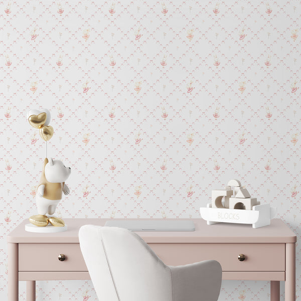 Whimsical bunny wallpaper with a ballet rabbit, blush bows, and a delicate flower, ideal for a ballet-themed nursery or girls bedroom.