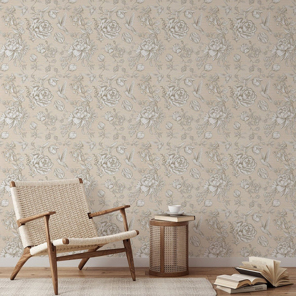 Flowers & Birds Beige Grasscloth Wallpaper CG009 - CostaCover - Traditional Wallpaper - bathroom wallpaper - bedroom wallpaper - beige