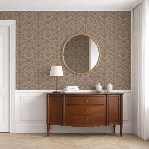 Close-up of taupe brown vintage floral wallpaper with warm taupe ground and deeper motifs, providing a classic touch to a bedroom or entryway. The high-quality, removable design is perfect for renters and designers aiming for a vintage-inspired look.