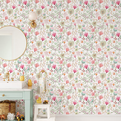 Pink Green Floral Wallpaper CC345