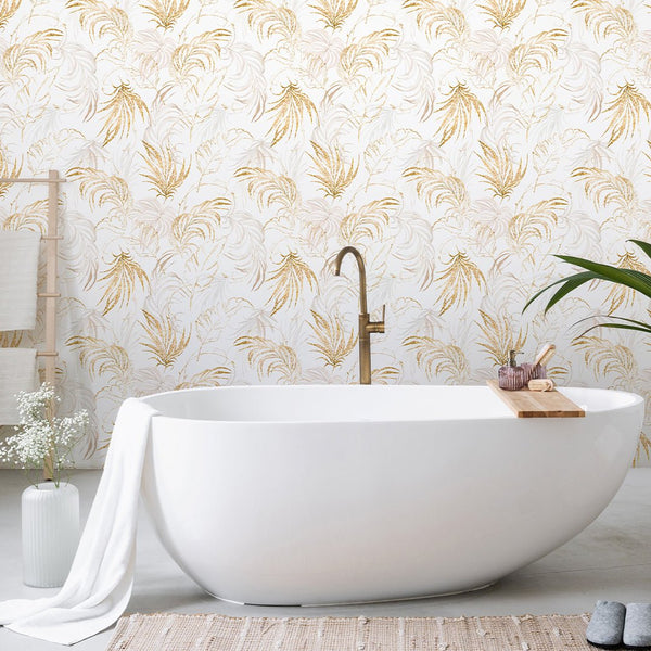 Beige & Gold Palm Leaves Wallpaper W135 - CostaCover - Peel and stick Removable Wallpaper - Abstract - Abstract Beige Gold Stripes Waves Removable Wallpaper - Abstract Beige Gold Stripes Waves Removable Wallpaper near me