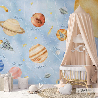 Pastel Blue Pink Solar System with Planets Self Adhesive Wall Mural WM080