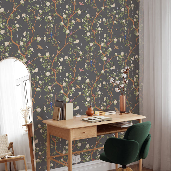 Dark Gray Blossom Trees Wallpaper W057 - CostaCover - Peel and stick Removable Wallpaper - adhesive wallpaper - bedroom interior - bedroom wallpaper
