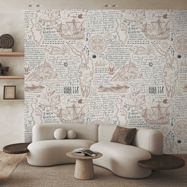 Antique Nautical Map Wallpaper A093 - CostaCover-Peel and stick Removable Wallpaper-abstract wallpaper-accent wallpaper