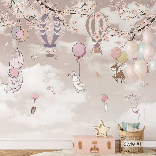 Cute Animals & Sakura Wall Mural CCM155 - CostaCover - Peel and stick Removable Wallpaper - abstract wall art - adhesive wallpaper - air balloon