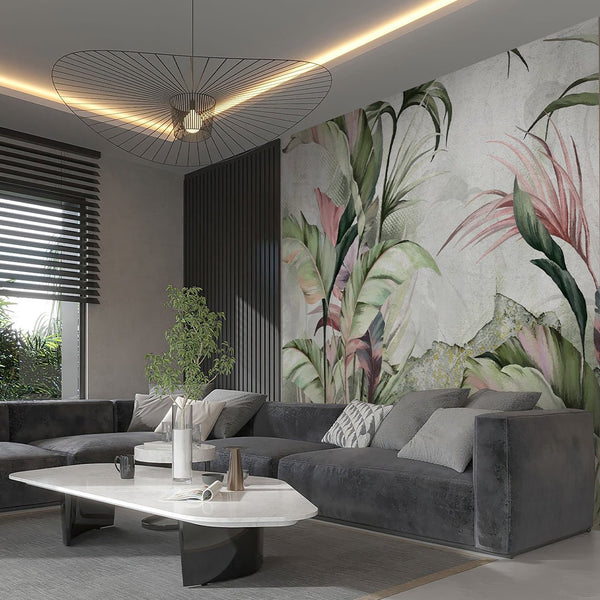 Green Pink Palm Leaves Wall Mural SM013 - CostaCover - Peel and stick Removable Wallpaper - abstract wallpaper - accent wallpaper - adhesive wallpaper