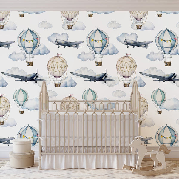 Blue Airplanes & Air Balloons Wallpaper W071 - CostaCover - Peel and stick Removable Wallpaper - abstract wallpaper - accent wallpaper - adhesive wallpaper