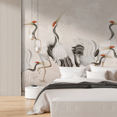Beige Japanese Cranes Wall Mural WM107