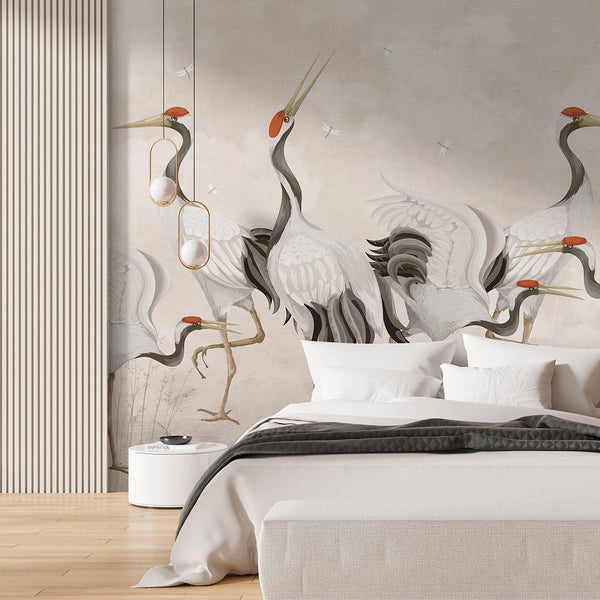 Beige Japanese Cranes Wall Mural WM107 - CostaCover - Peel and stick Removable Wallpaper - accent wallpaper - adhesive wallpaper - bathroom wallpaper