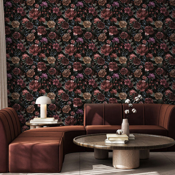 Dark Vintage Flowers Wallpaper S063 - CostaCover - Peel and stick Removable Wallpaper - accent wallpaper - adhesive wallpaper - bathroom wallpaper
