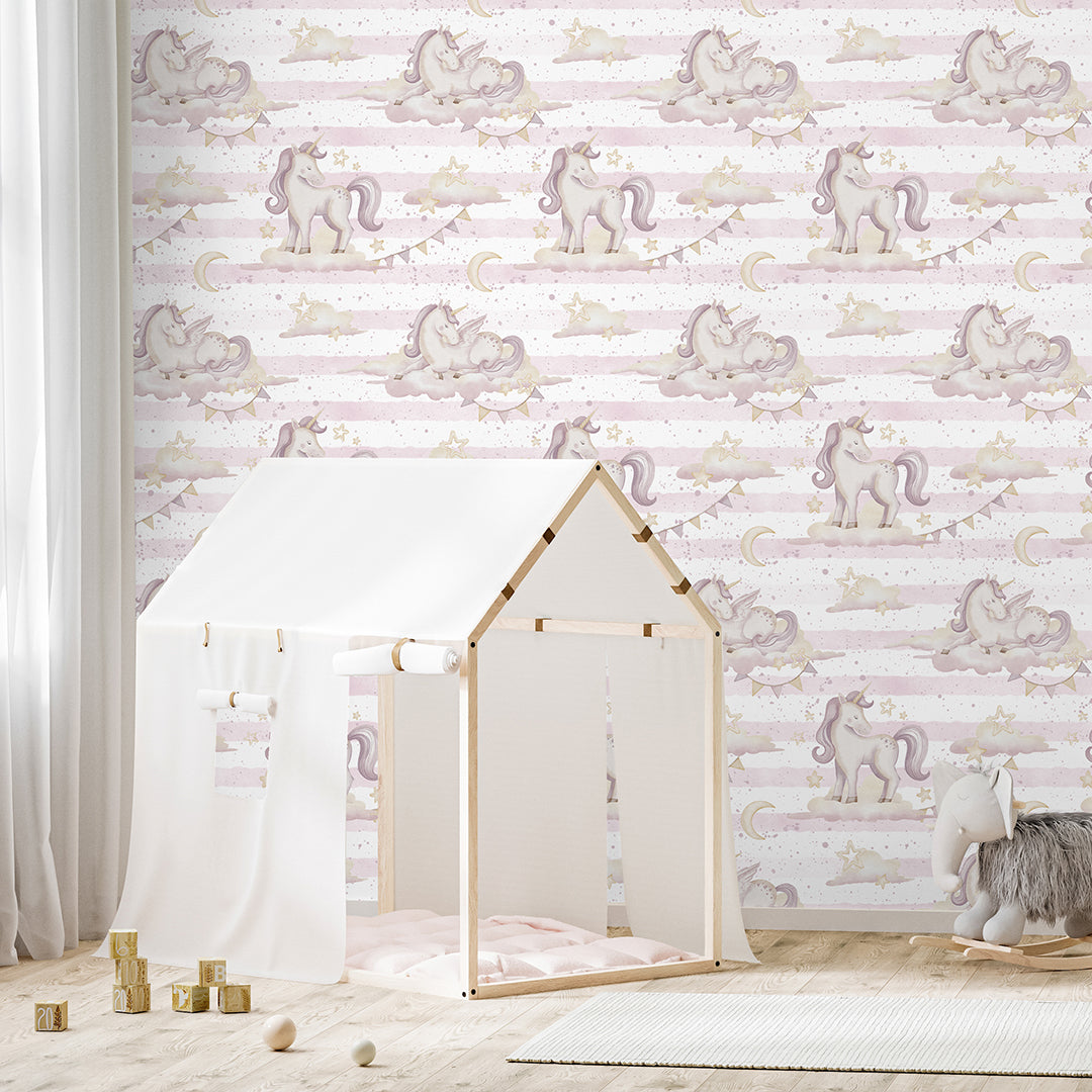 Pink Unicorns & Stripes Wallpaper A040