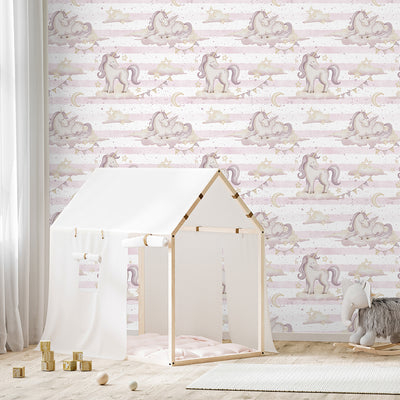 Pink Unicorns & Stripes Wallpaper A040
