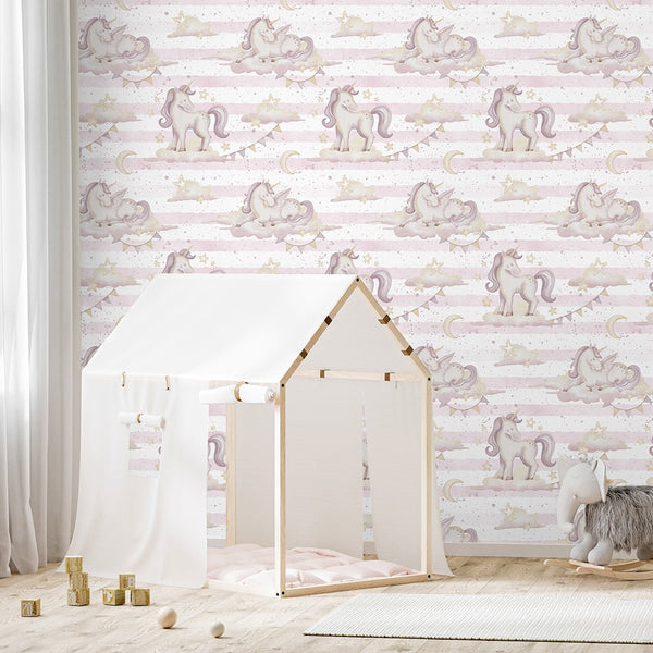 Pink Unicorns & Stripes Wallpaper A040 - CostaCover-Peel and stick Removable Wallpaper-accent wallpaper-adhesive wallpaper-baby bedroom