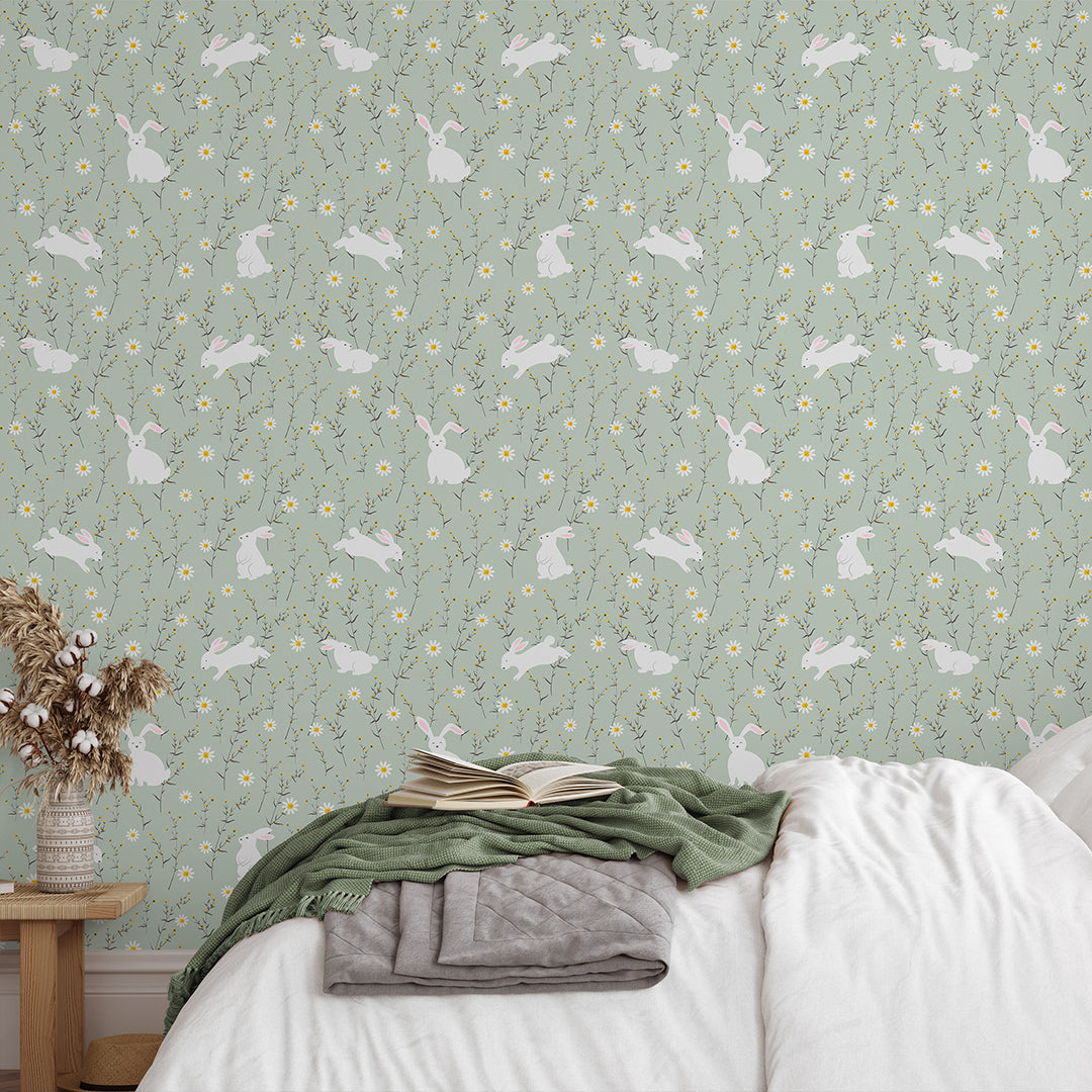 Sage Green Floral Bunny Wallpaper W176