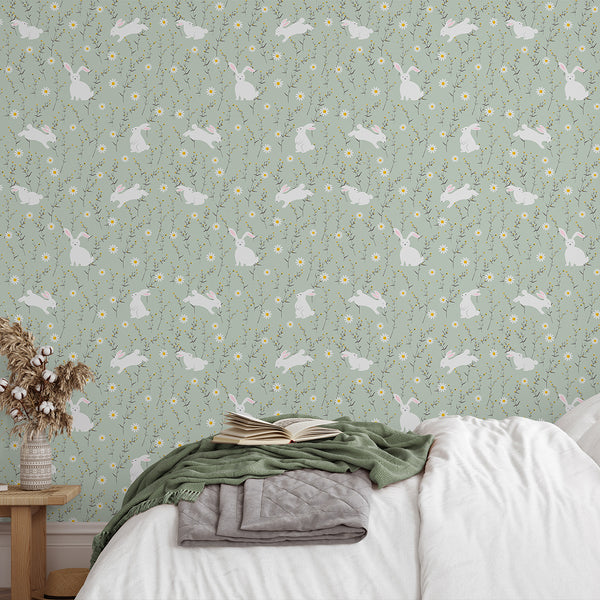 Sage Green Floral Bunny Wallpaper W176