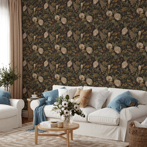 Close-up of vintage floral wallpaper featuring engraved-style blooms, ideal for adding a classic touch to bedrooms.