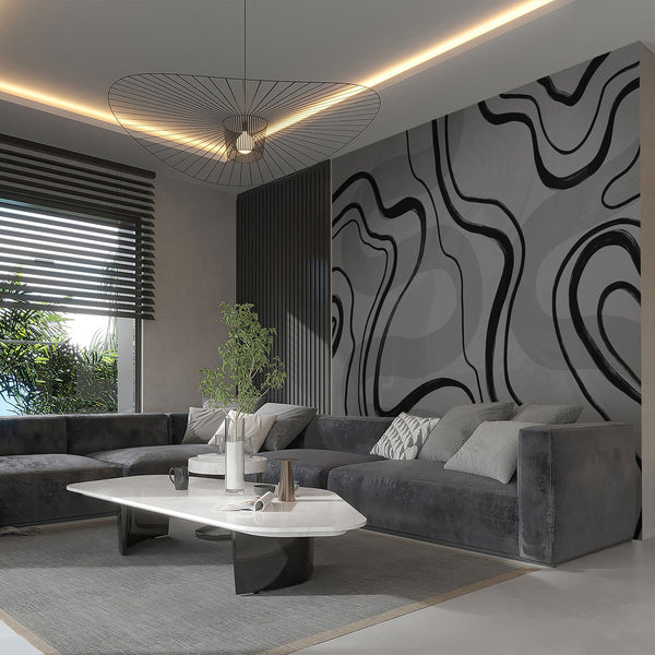 Modern black and gray wall mural with oversized organic curves and soft textured shading, ideal for a contemporary living room accent wall.