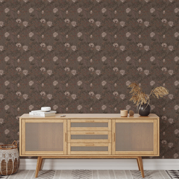 Dense botanical wallpaper with taupe and brown florals, featuring terracotta accents. This vintage-inspired design is ideal for a study or sitting area, providing a warm, cozy atmosphere with a hand-drawn character.
